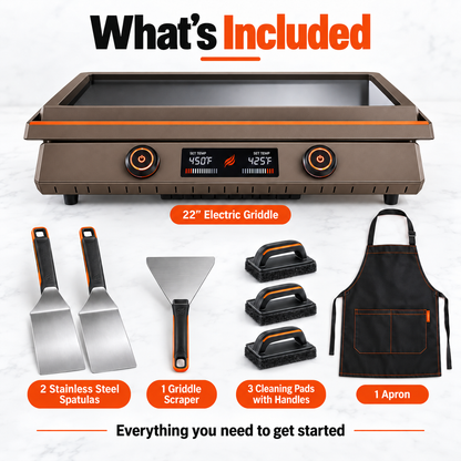 Portable Tabletop Flat Top Griddle | Choose Indoor Electric or Outdoor LPG Propane Model, Dual Independent Heat Zones with Complete Accessory Bundle