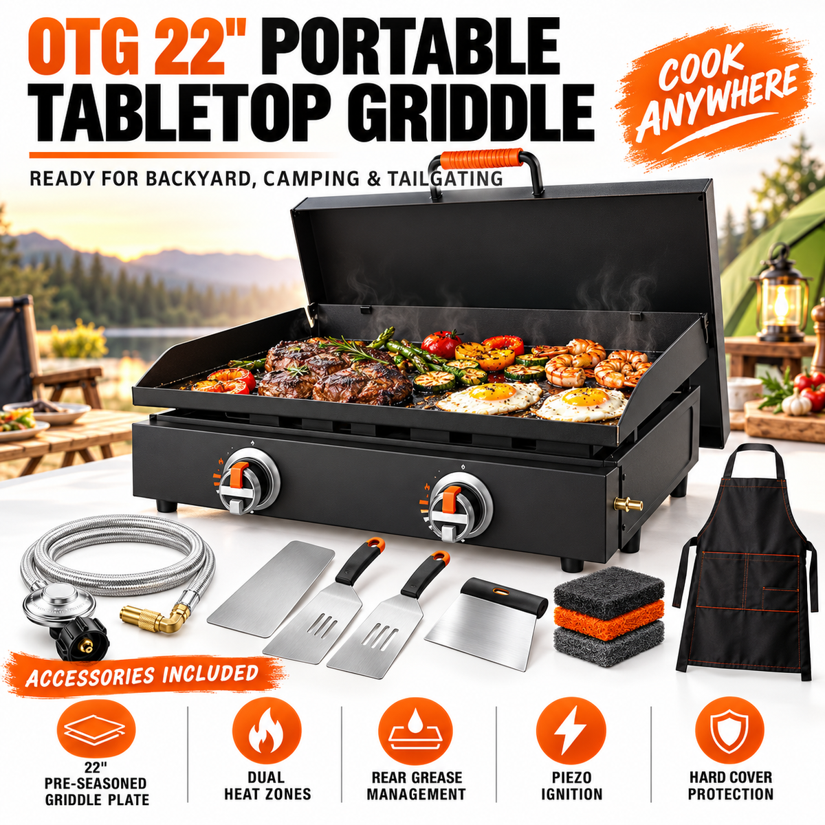 Portable Tabletop Flat Top Griddle | Choose Indoor Electric or Outdoor LPG Propane Model, Dual Independent Heat Zones with Complete Accessory Bundle