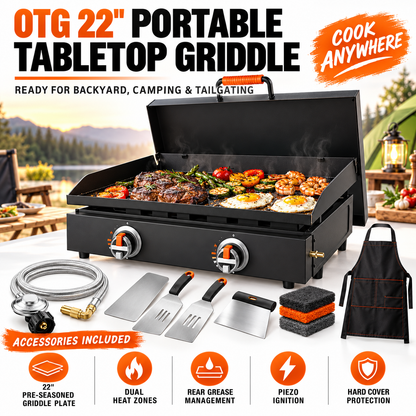 Portable Tabletop Flat Top Griddle | Choose Indoor Electric or Outdoor LPG Propane Model, Dual Independent Heat Zones with Complete Accessory Bundle