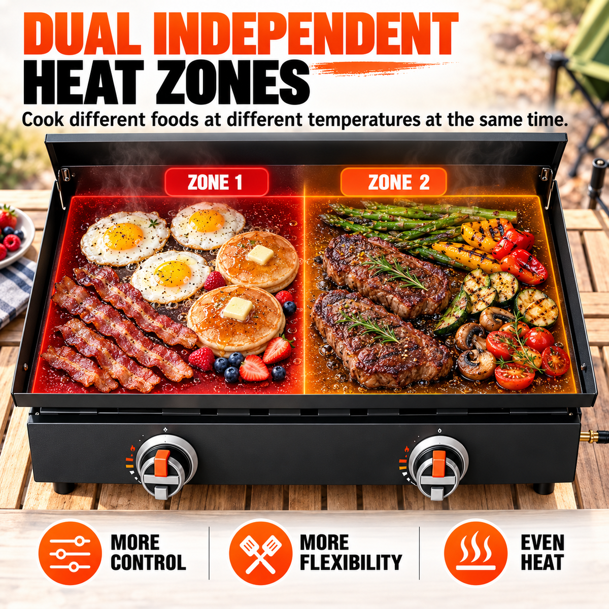 Portable Tabletop Flat Top Griddle | Choose Indoor Electric or Outdoor LPG Propane Model, Dual Independent Heat Zones with Complete Accessory Bundle