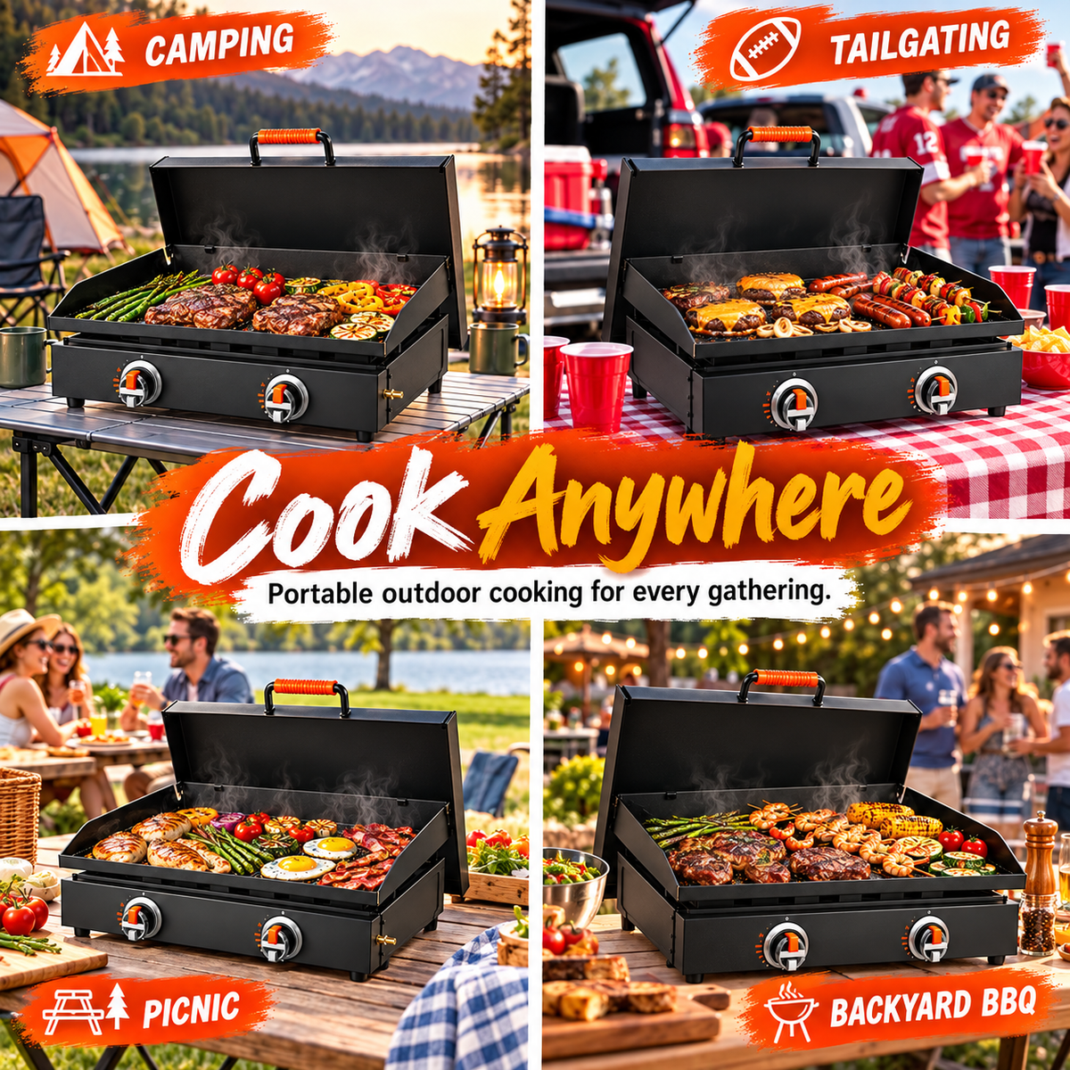 Portable Tabletop Flat Top Griddle | Choose Indoor Electric or Outdoor LPG Propane Model, Dual Independent Heat Zones with Complete Accessory Bundle