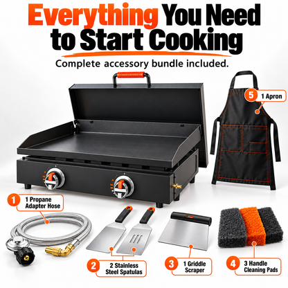 Portable Tabletop Flat Top Griddle | Choose Indoor Electric or Outdoor LPG Propane Model, Dual Independent Heat Zones with Complete Accessory Bundle