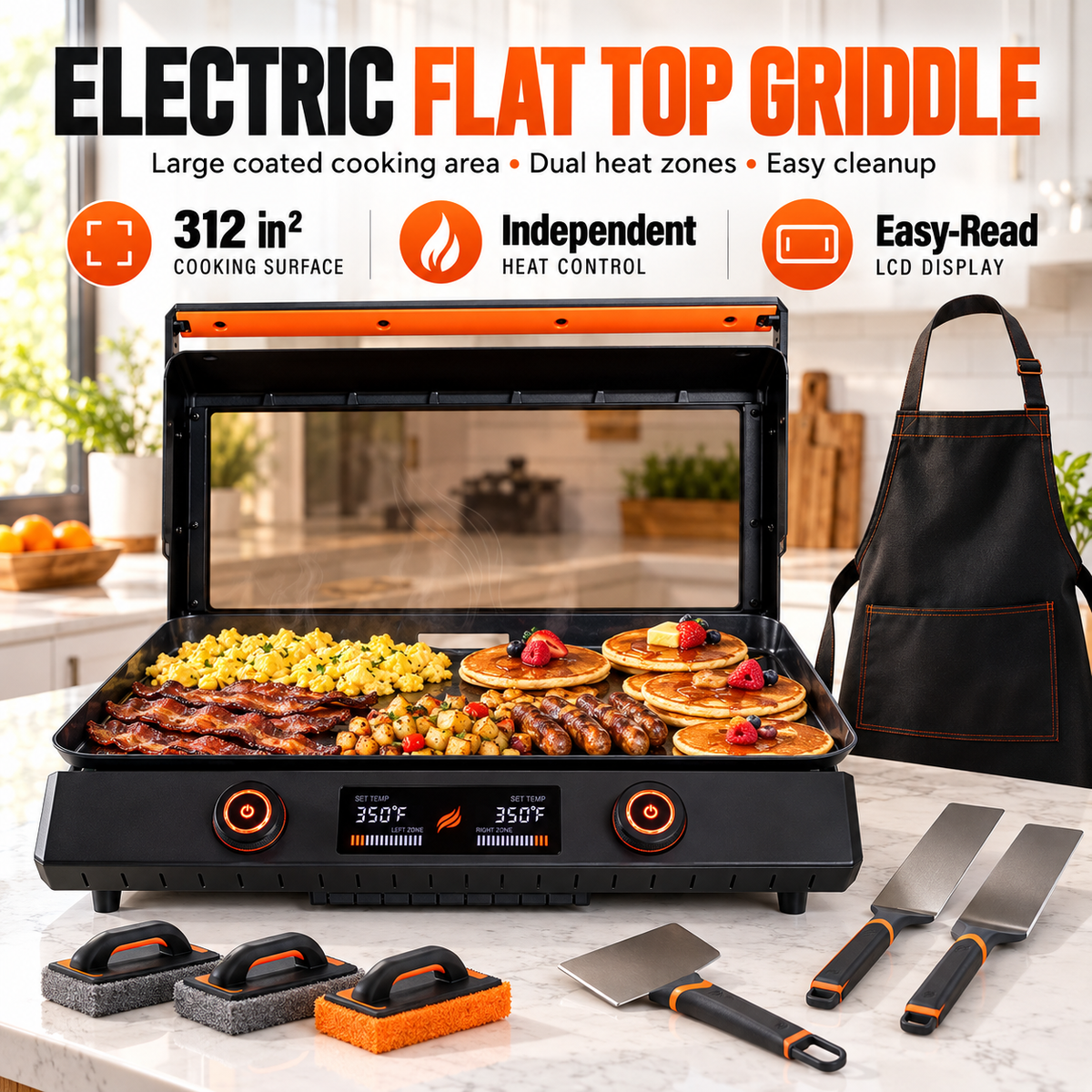 Portable Tabletop Flat Top Griddle | Choose Indoor Electric or Outdoor LPG Propane Model, Dual Independent Heat Zones with Complete Accessory Bundle