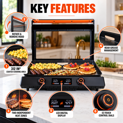 Portable Tabletop Flat Top Griddle | Choose Indoor Electric or Outdoor LPG Propane Model, Dual Independent Heat Zones with Complete Accessory Bundle