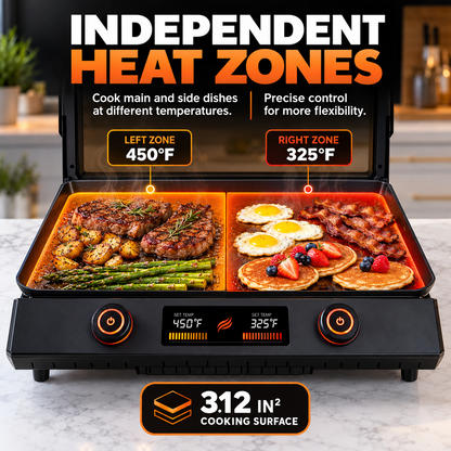 Portable Tabletop Flat Top Griddle | Choose Indoor Electric or Outdoor LPG Propane Model, Dual Independent Heat Zones with Complete Accessory Bundle
