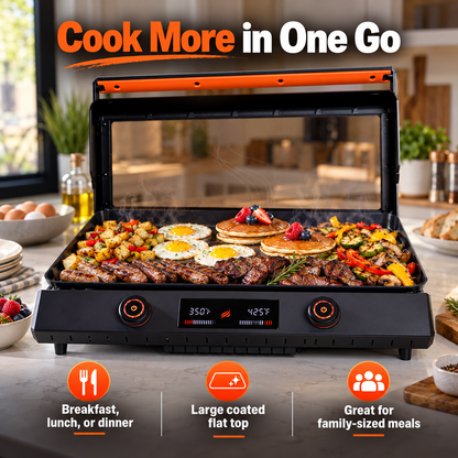 Portable Tabletop Flat Top Griddle | Choose Indoor Electric or Outdoor LPG Propane Model, Dual Independent Heat Zones with Complete Accessory Bundle
