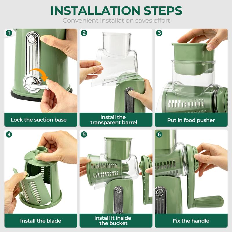 SUSTEAS Rotary Cheese Grater with 5 Blades & Suction Base